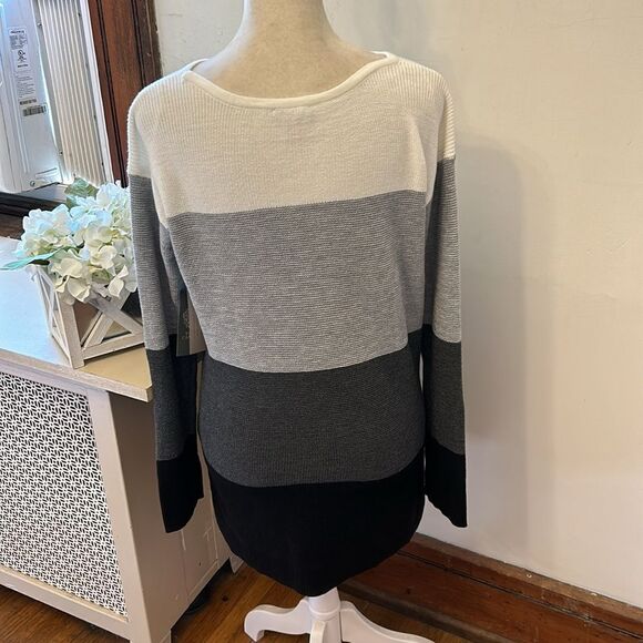 Vince Camuto cream black gray stripe long sleeve front pocket sweater Sz XS New - Picture 7 of 11